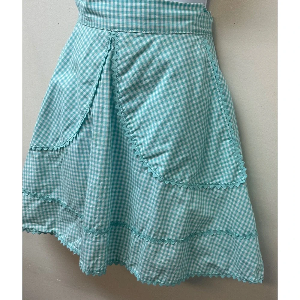 Vintage Handmade Teal Gingham Half Apron Rickrack Trim Pockets Retro Rockabilly